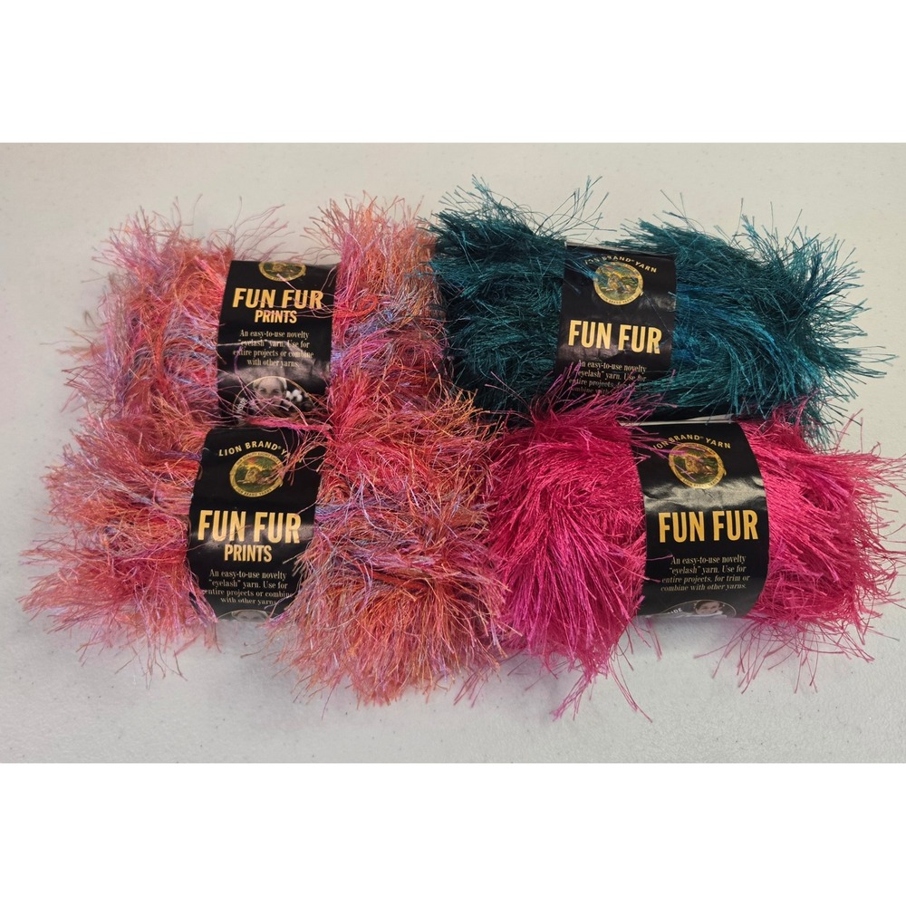 Lion Brand Fun Fur Eyelash Yarn Lot 4 Teal Pink Multicolor Prints Knit Crochet